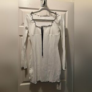 White Ribbed Dress with Black Ruffle Trim